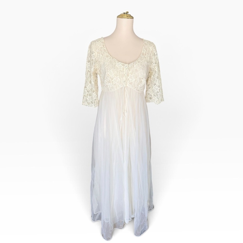 Vintage 60s Lisette Al Sterling 36 Ivory Lace Nylon Peignoir Nightgown Robe Set